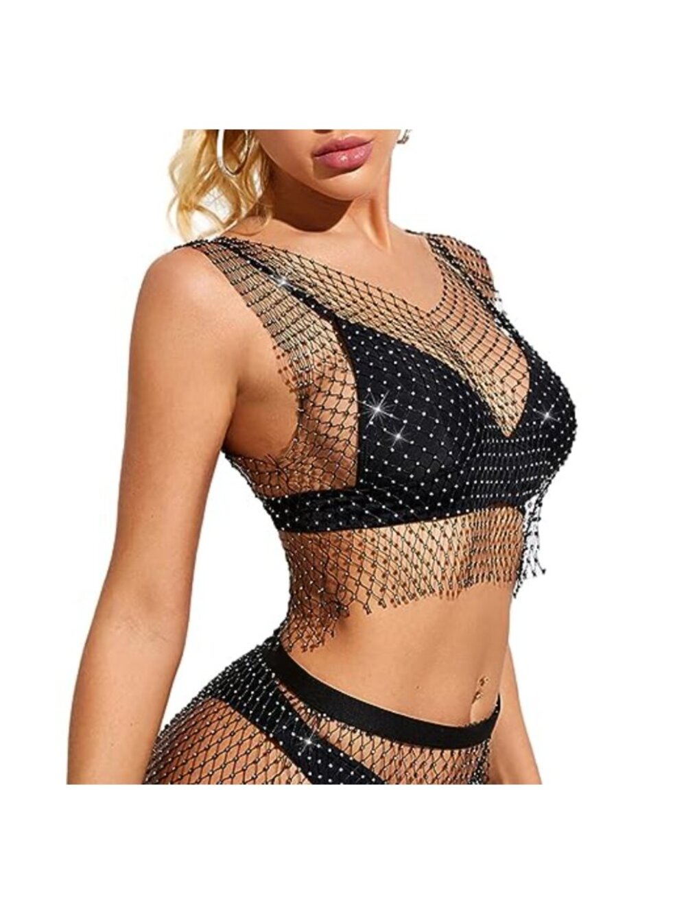 Rhinestone See Through Fishnet Mesh Crop Top Sleeveless Tank Clubwear - Picture 3 of 6